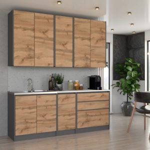 Kuchnia bezuchwytowa LUX 2,6 m – fronty dąb wotan, korpus szary mat