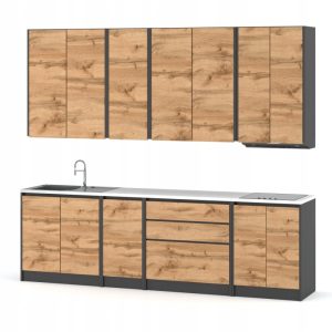 Zestaw mebli kuchennych bezuchwytowych LUX 260 cm, aneks, szafki, blat