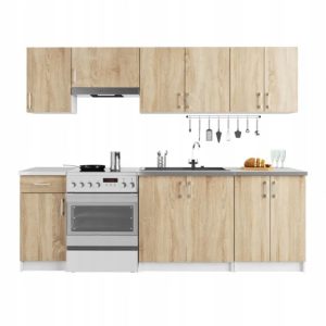 Meble kuchenne 240 cm, biały korpus, front dąb sonoma, 7 elementów