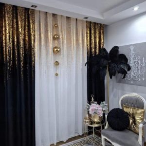 Zasłona Glam II czarny złoty 140x250 cm na taśmie, półzaciemniająca