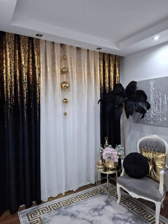 Zasłona Glam II czarny złoty 140x250 cm na taśmie, półzaciemniająca