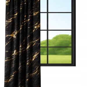 Gotowa zasłona welurowa 140x250 cm czarna ze złotym wzorem, taśma i żabki