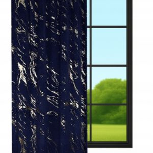 Zasłona welurowa 140x250 cm granatowa ze złotym wzorem – taśma, żabki