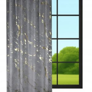 Zasłona welurowa 140x240 cm grafitowa ze złotym wzorem, na żabki i taśmę