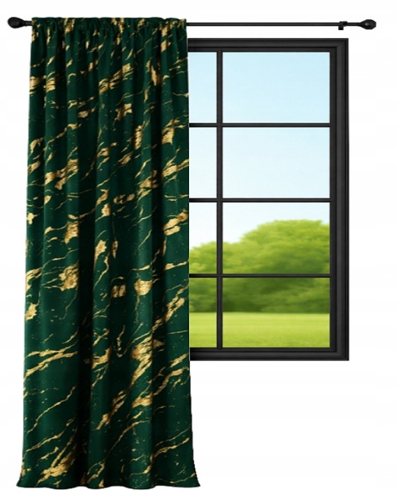 Zasłona welurowa 140x230 cm butelkowa zieleń, złoty wzór, taśma i żabki
