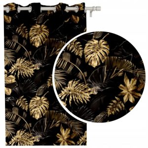 Zasłona Monstera złote liście 145x250 cm półzaciemniająca na przelotkach