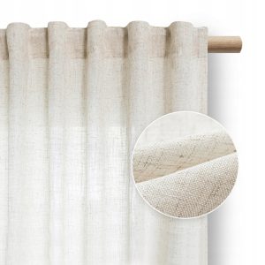 Zasłona len 140x270 cm beżowa do salonu, półzaciemniająca, taśma wave