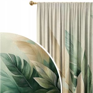 Zasłona 140x250 cm na żabki i taśmę, półzaciemniająca, wzór roślinny