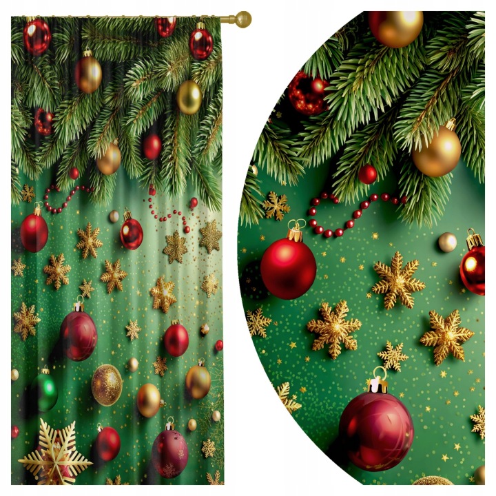 Zasłona świąteczna 140x250 cm na żabki, taśmie, bombki, półzaciemniająca