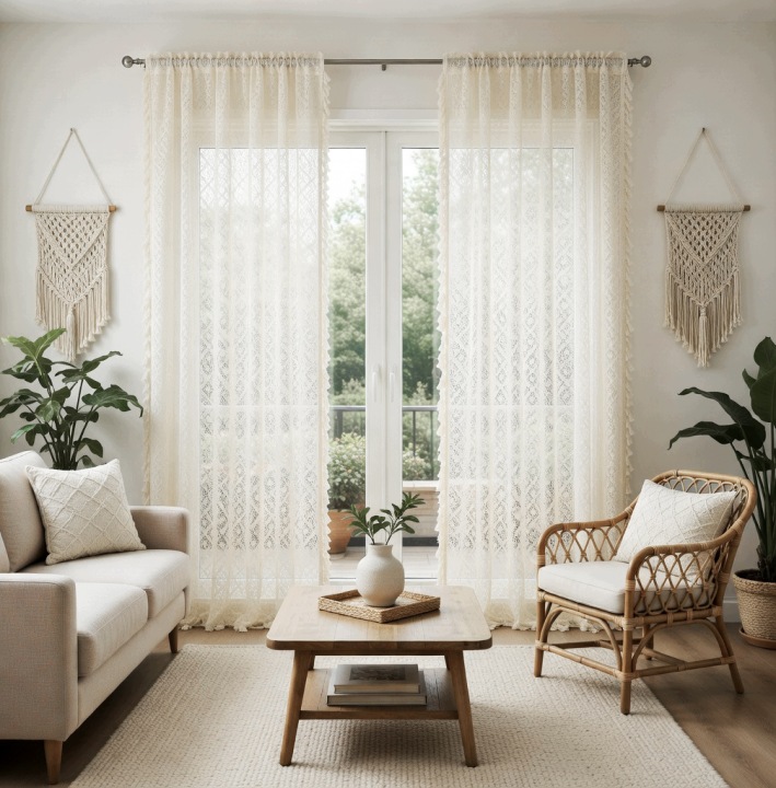 Zasłony gotowe 145x250 cm w kratę, półprzezroczyste, komplet 2 szt.